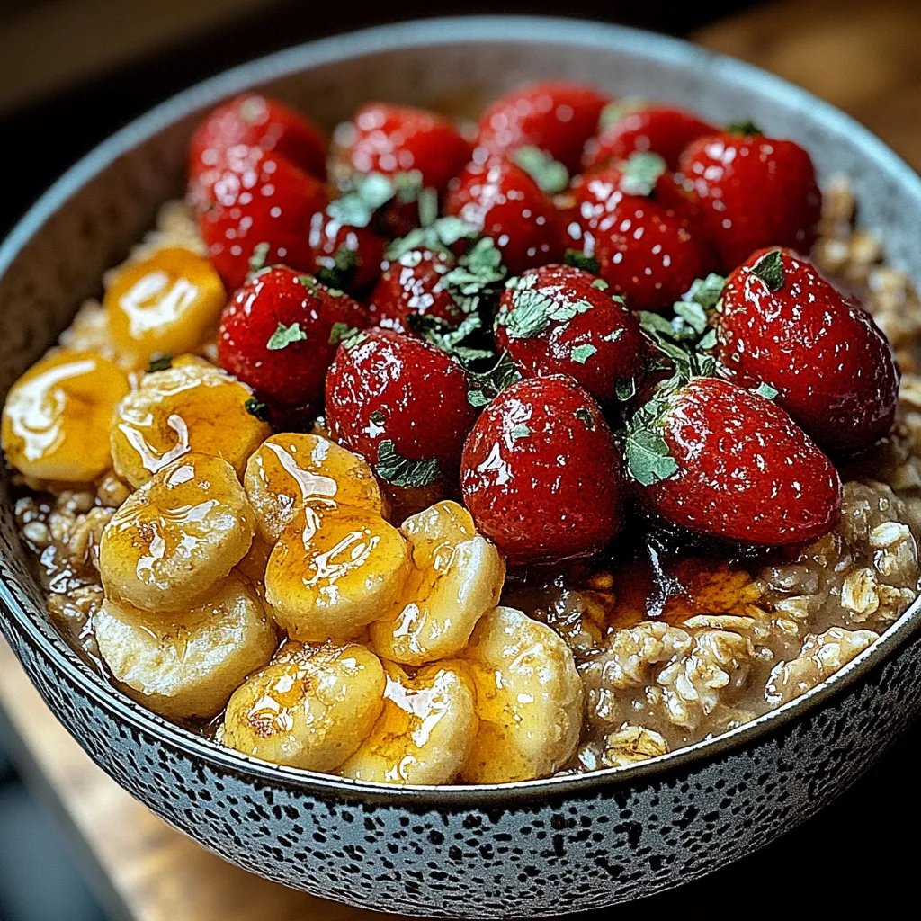 A bowl of fruit with bananas, strawberries, and yogurt.