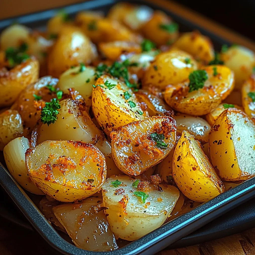 A pan of potatoes with green toppings.