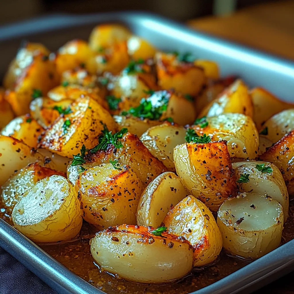A pan of potatoes with herbs on top.