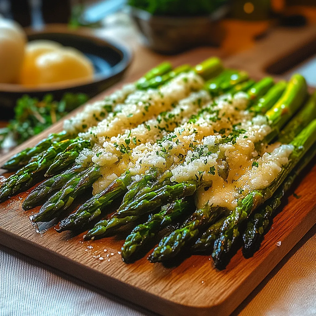 A wooden cutting board with asparagus on it.