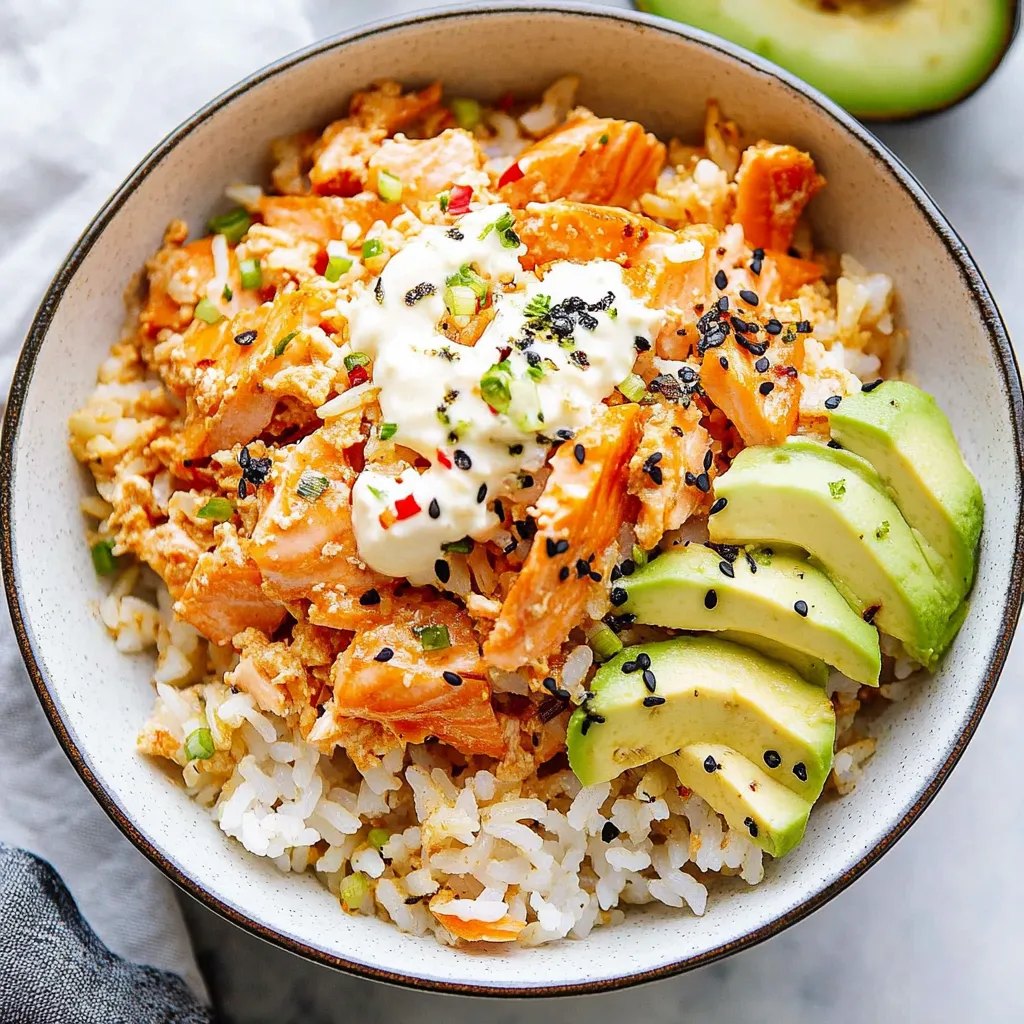 A bowl of rice with meat and avocado.
