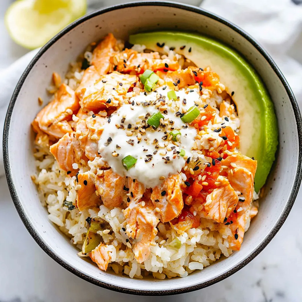 A bowl of rice with meat and white sauce.
