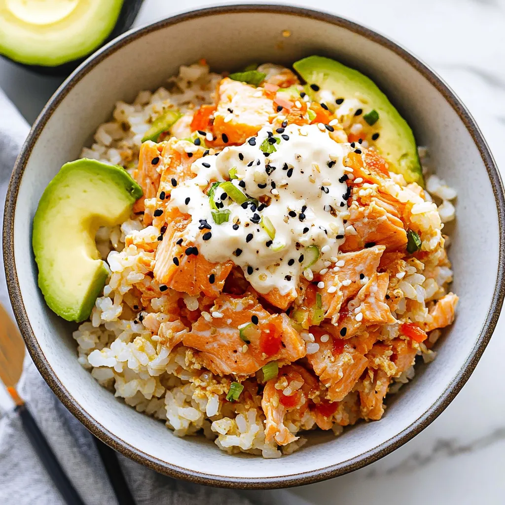 A bowl of rice with chicken and avocado.