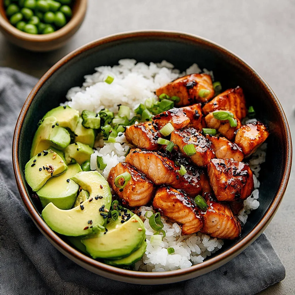 A bowl of food with rice, fish, and avocado.