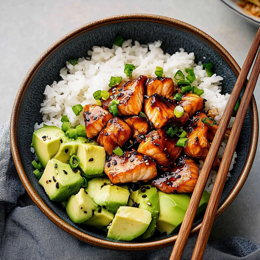 A bowl of food with rice, meat, and avocado.