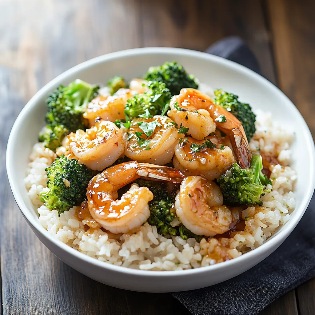 A bowl of shrimp and broccoli.