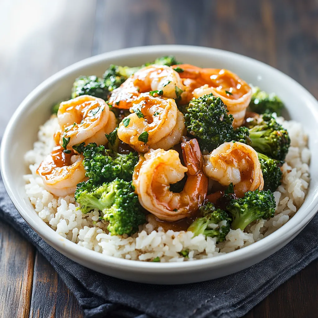 A bowl of shrimp and broccoli.