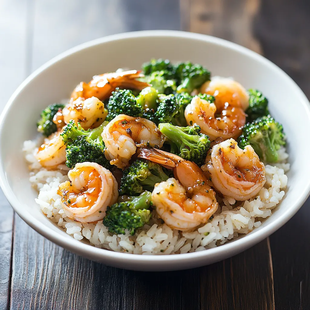 A bowl of shrimp and broccoli.
