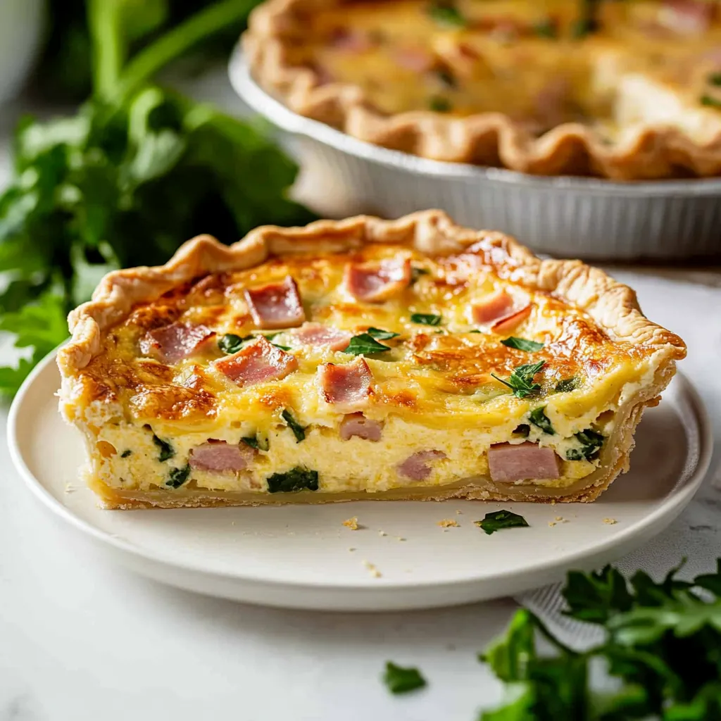 A slice of quiche on a plate.