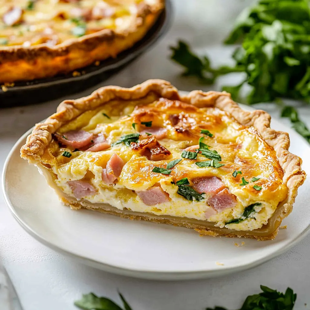 A slice of quiche on a white plate.