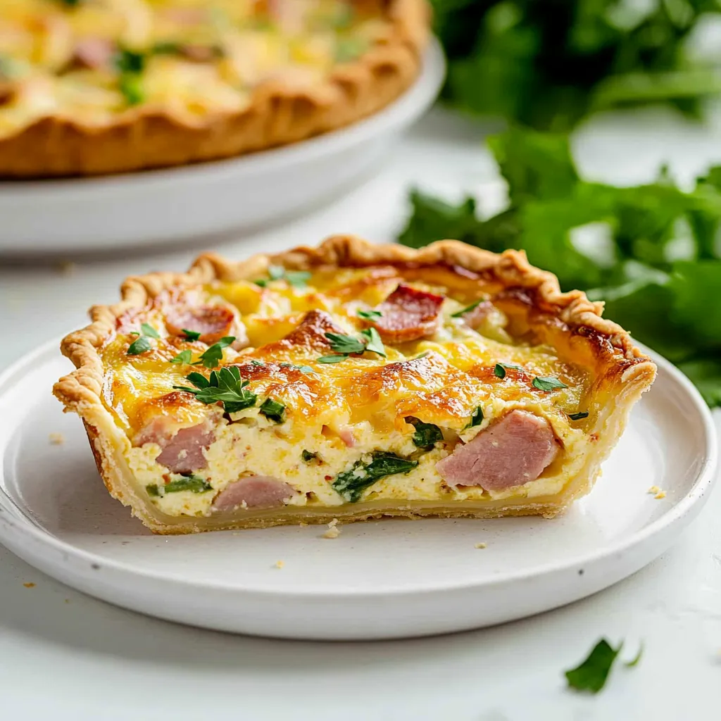 A slice of quiche with ham and cheese.