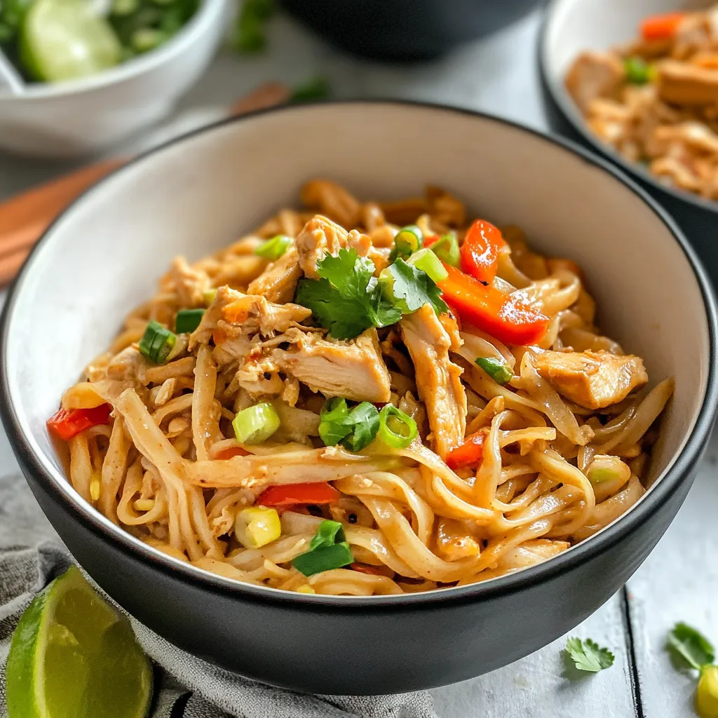A bowl of noodles with chicken and peppers.
