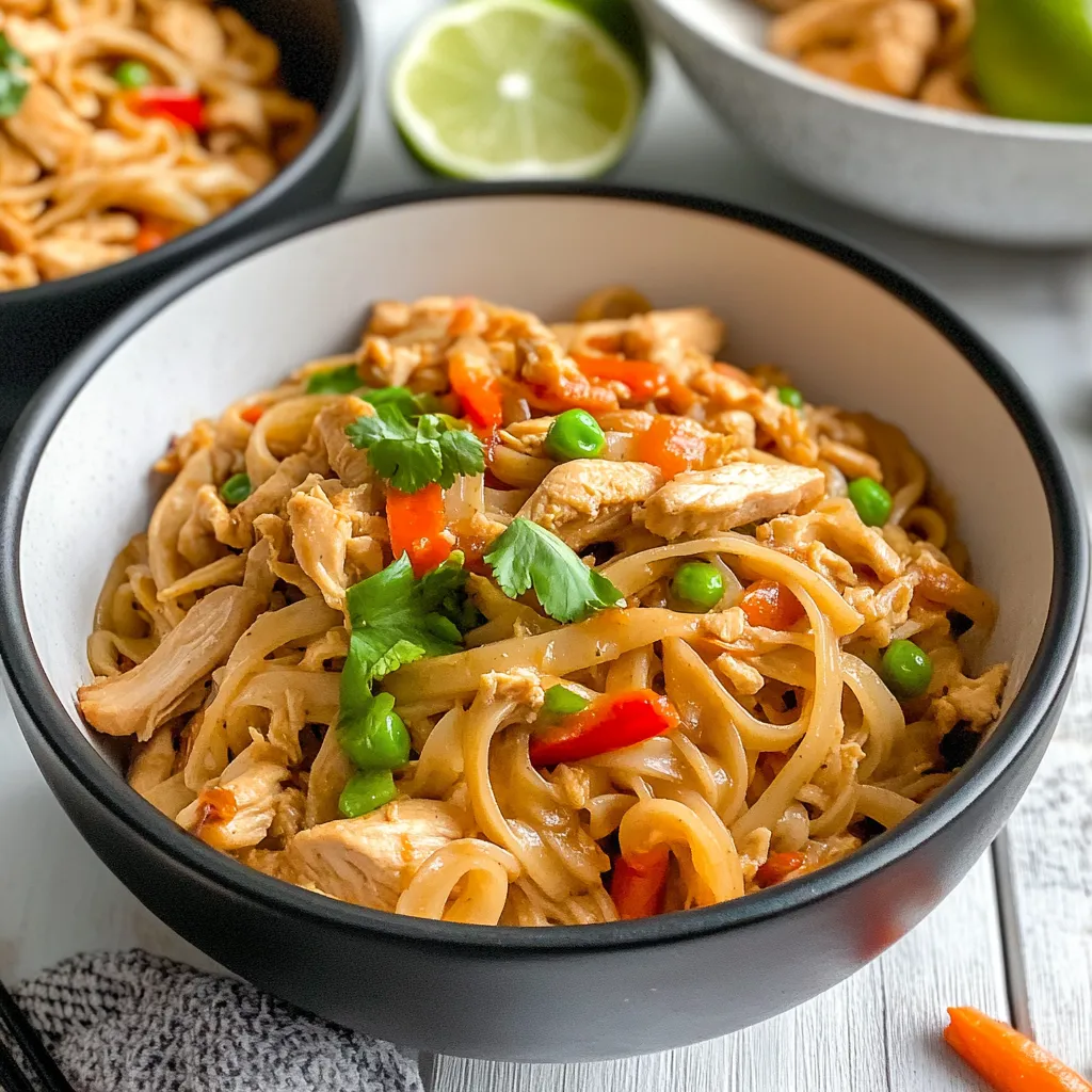 A bowl of noodles with chicken and peppers.
