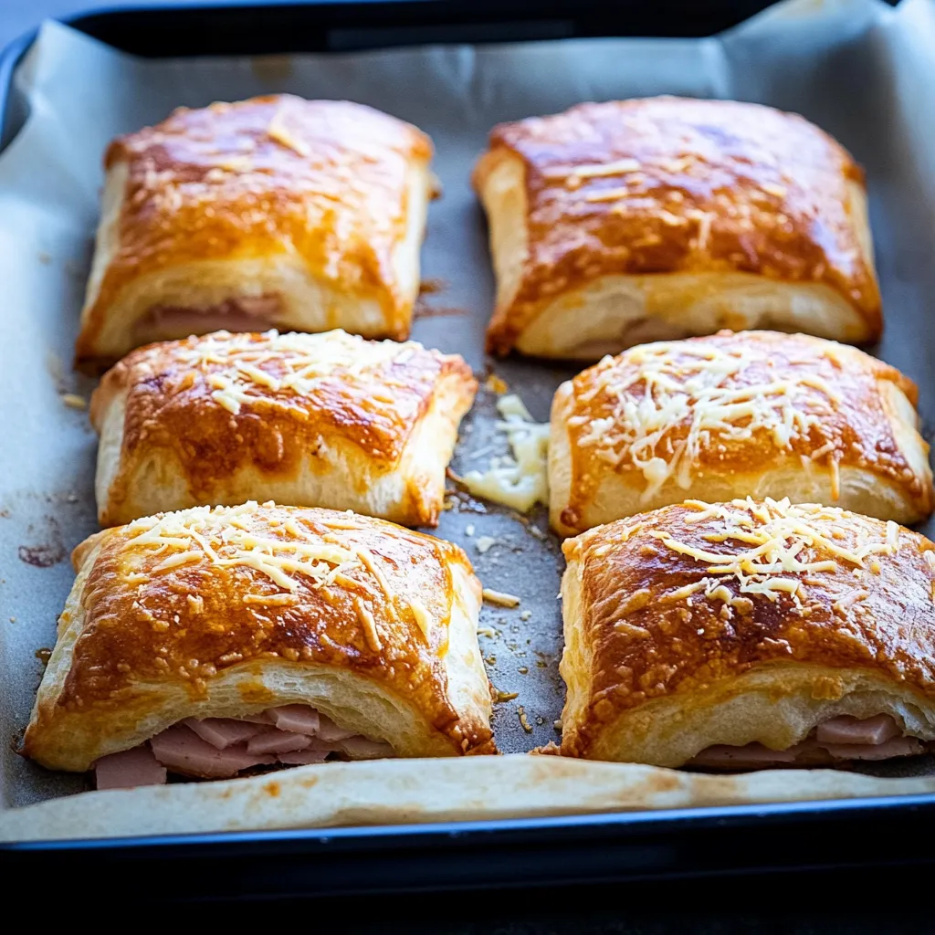 A tray of ham and cheese sandwiches.