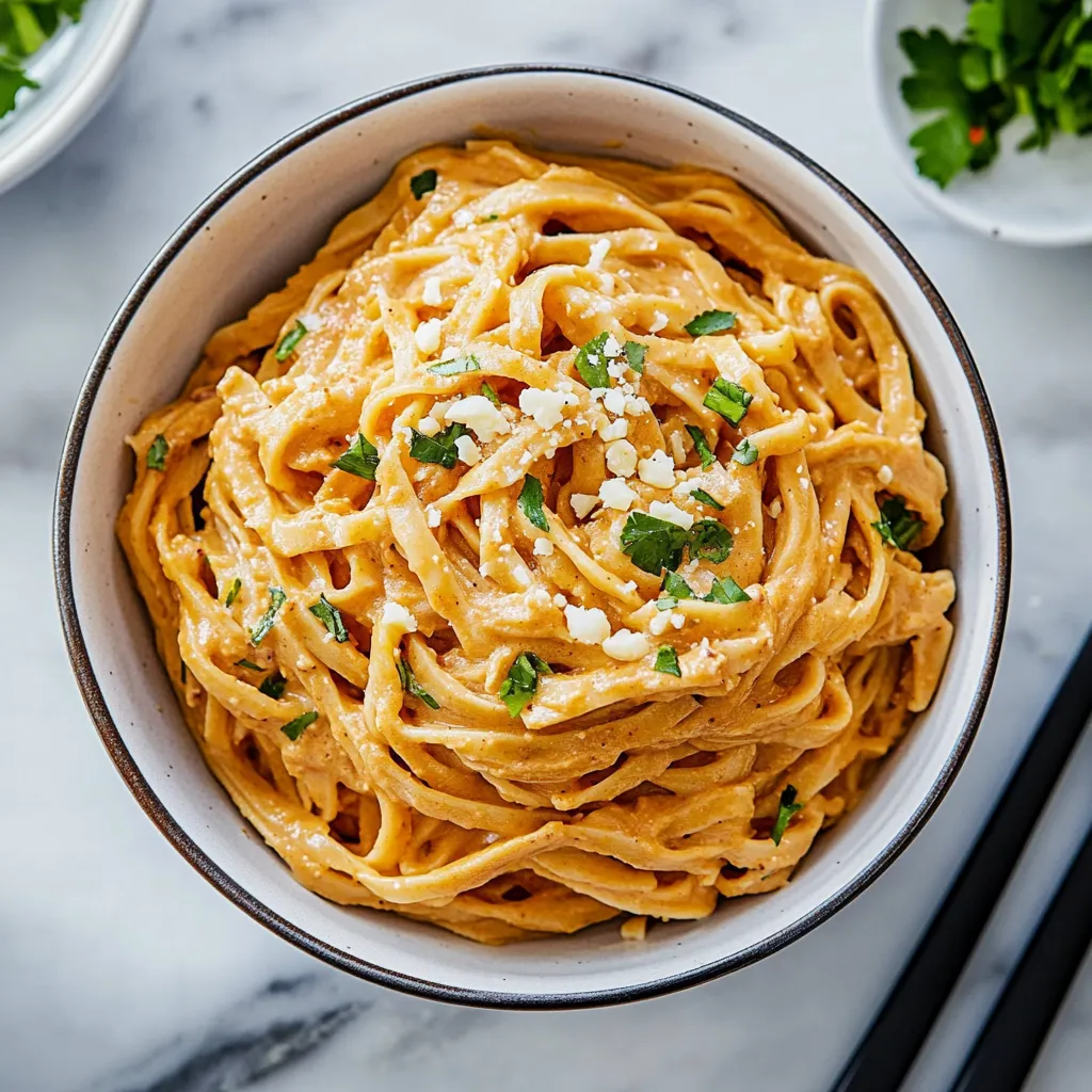 A bowl of pasta with cheese and herbs.