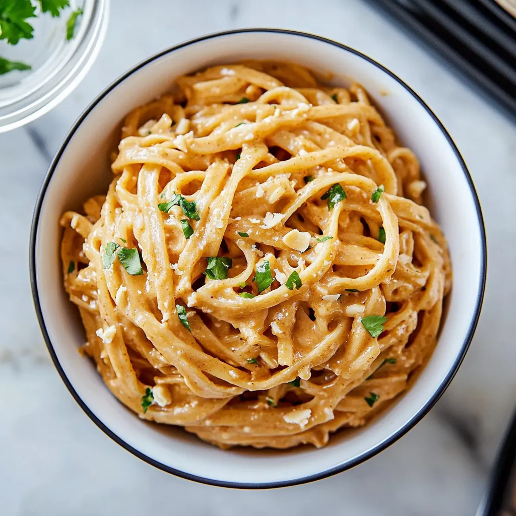 A bowl of pasta with cheese and herbs.