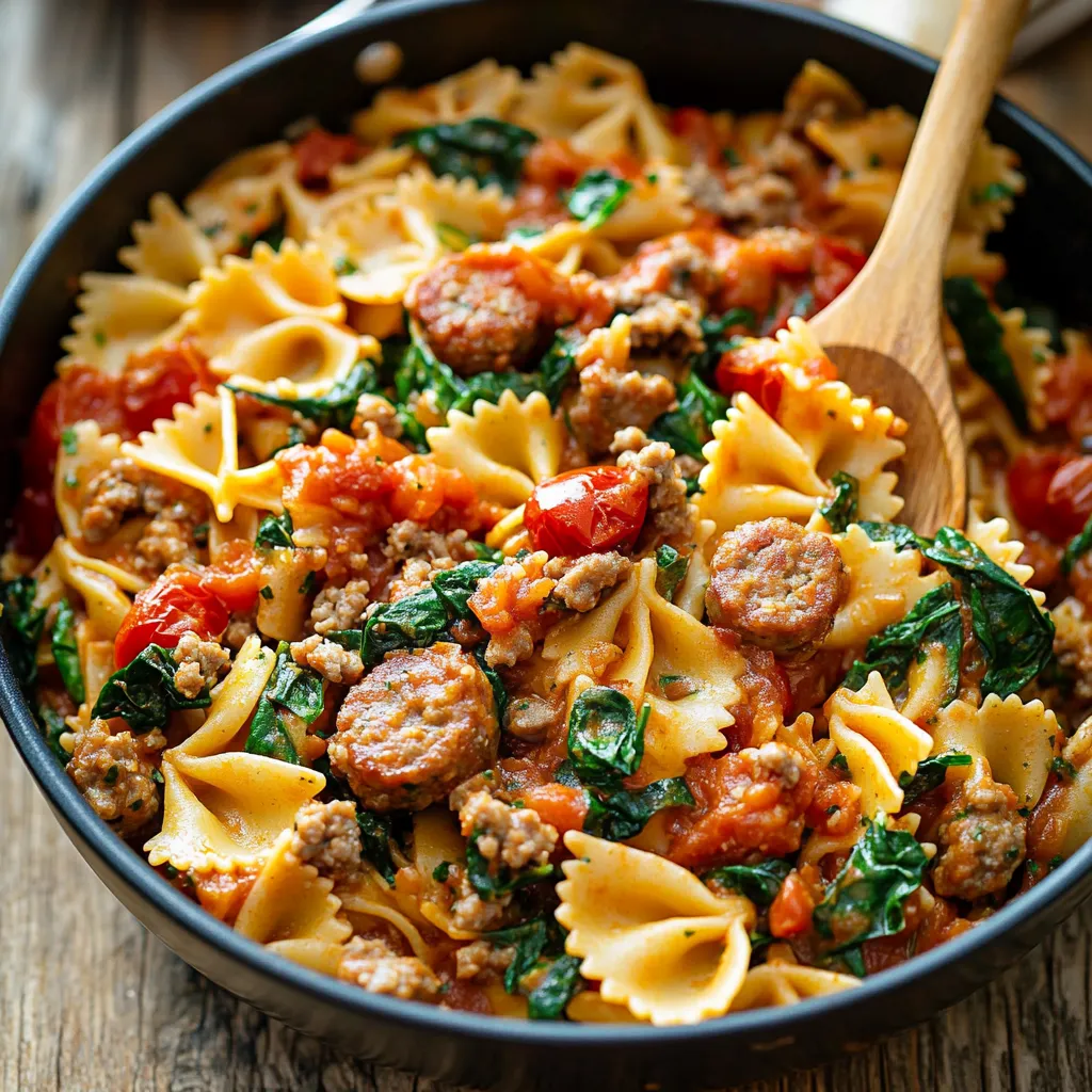 A bowl of pasta with meat and vegetables.