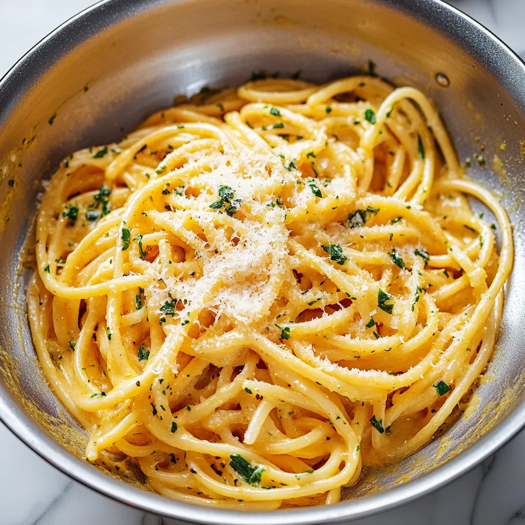 A bowl of pasta with cheese and herbs.
