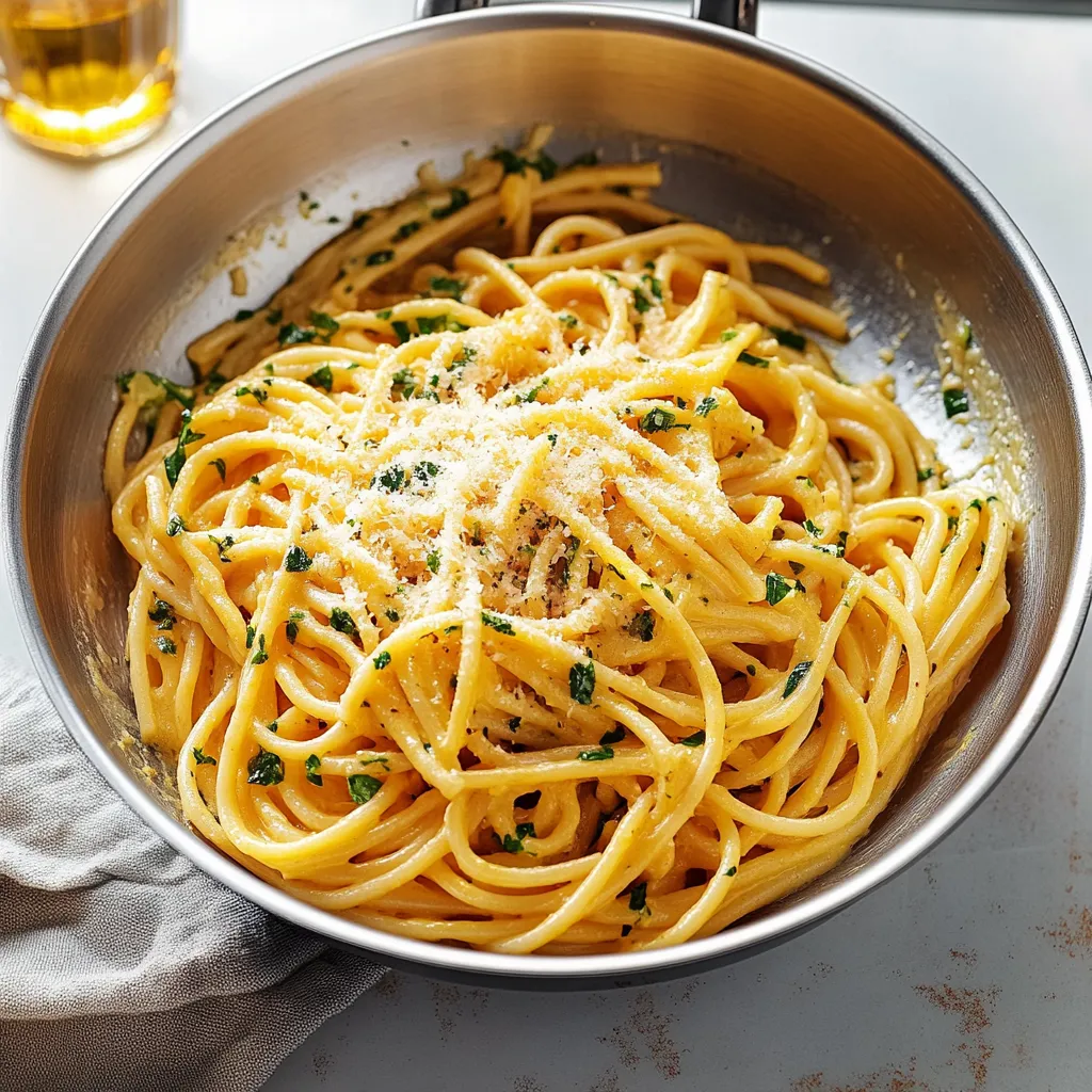 A bowl of spaghetti with cheese and herbs.