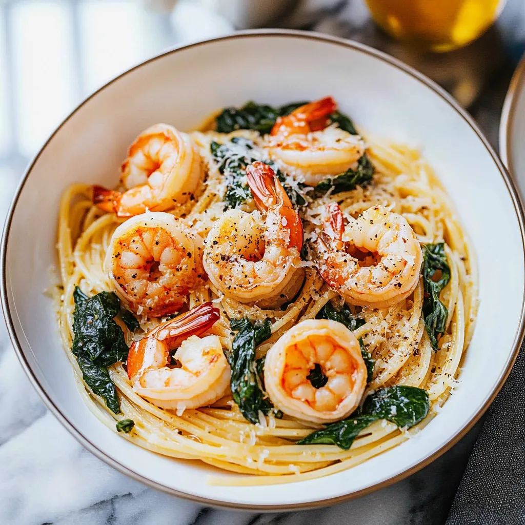 A bowl of shrimp and spinach.