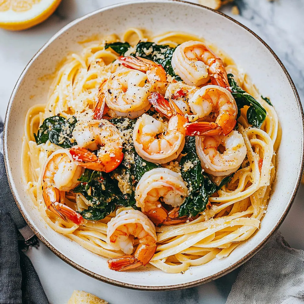 A bowl of shrimp and pasta.