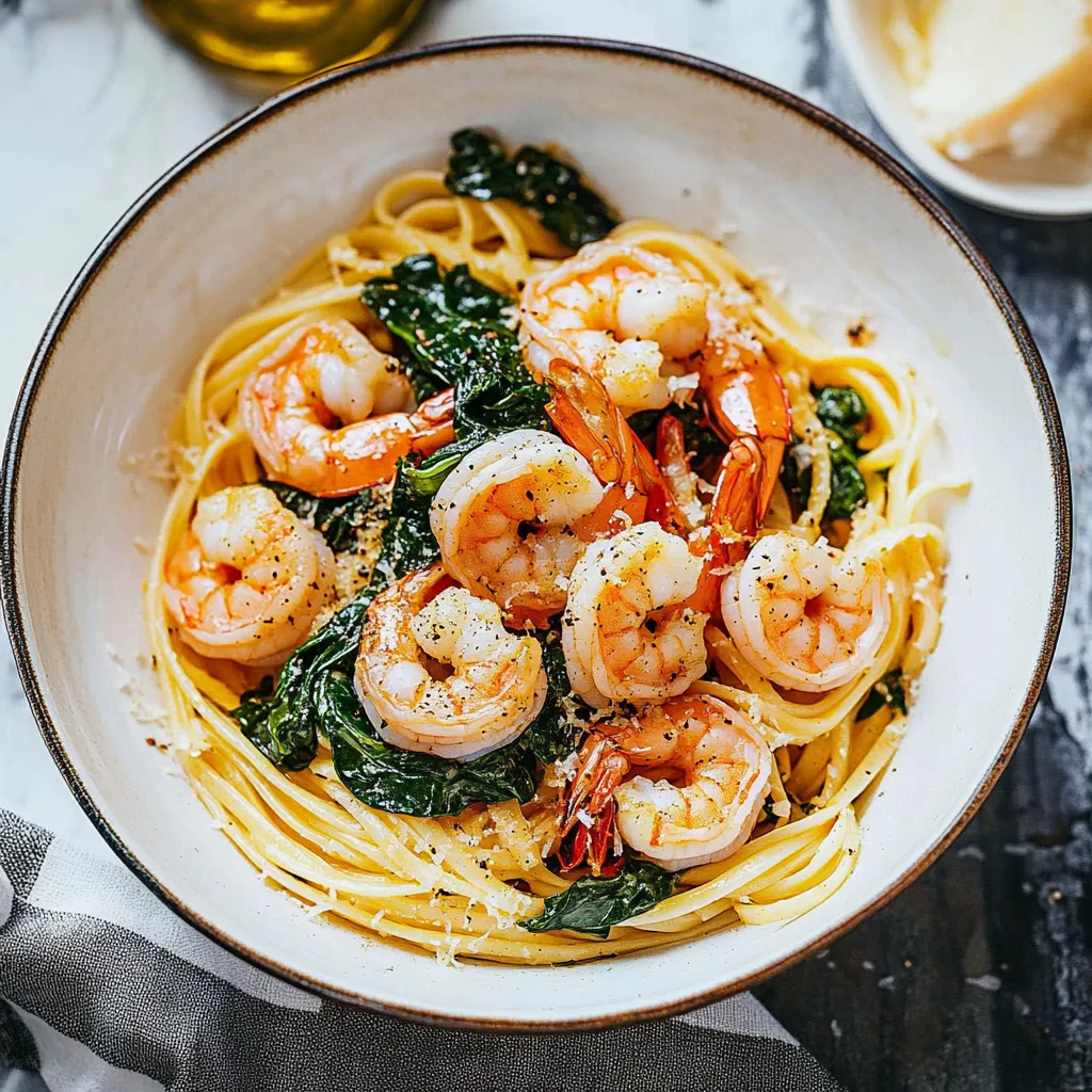 A bowl of shrimp and pasta.