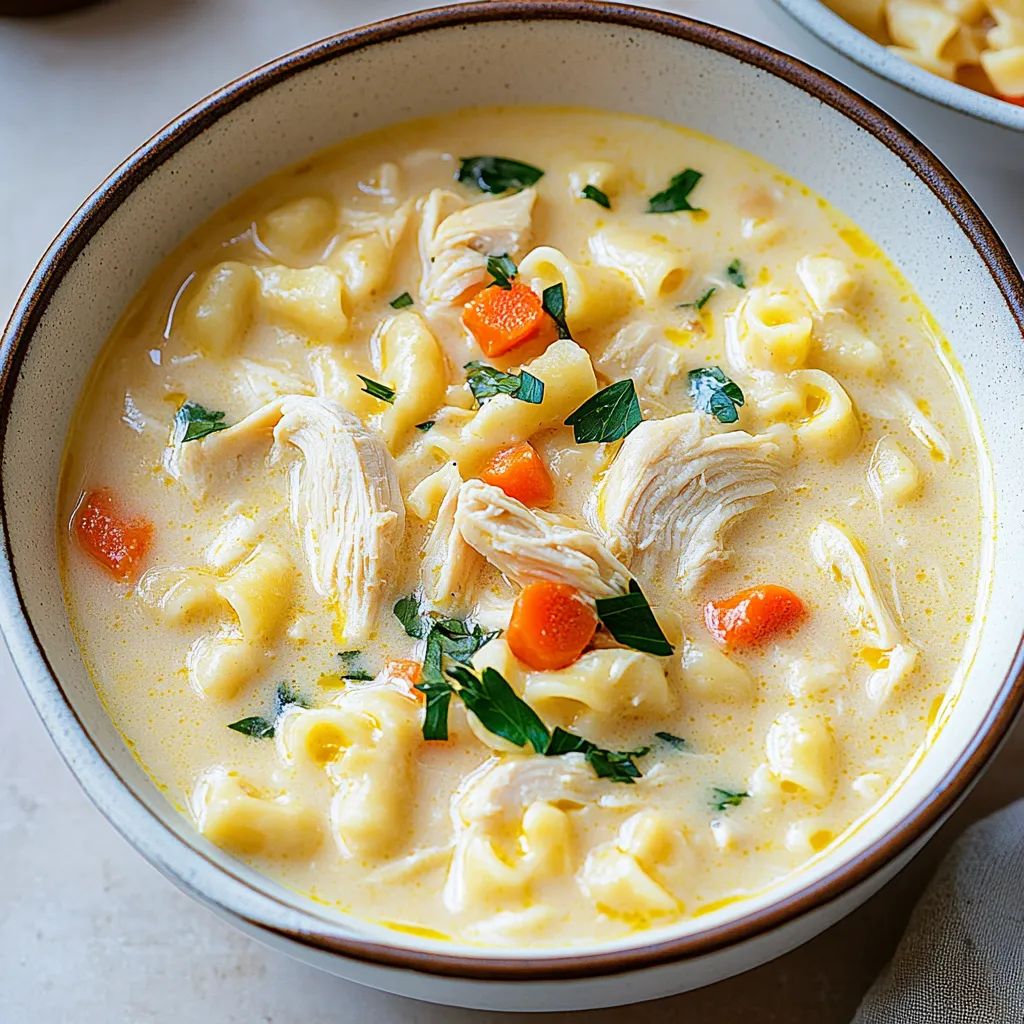 A bowl of soup with chicken and vegetables.