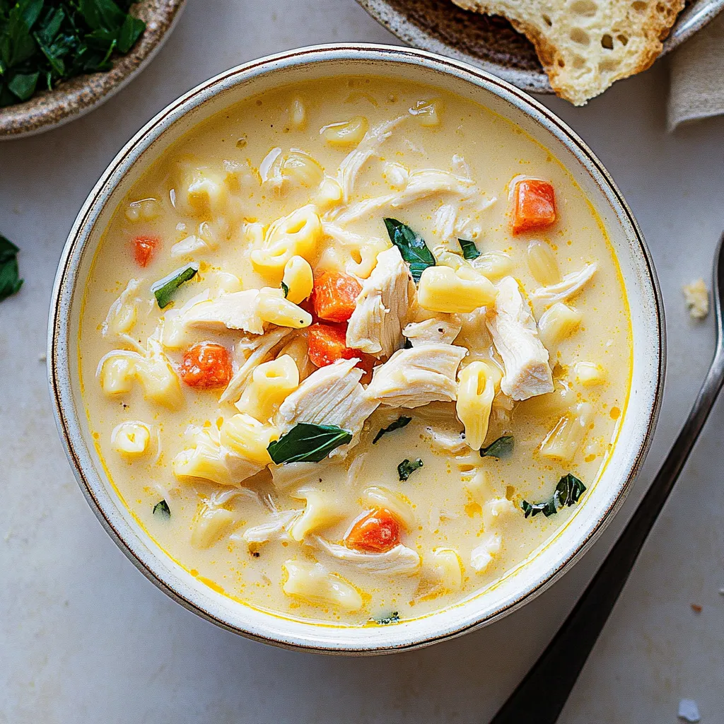 A bowl of soup with chicken and vegetables.