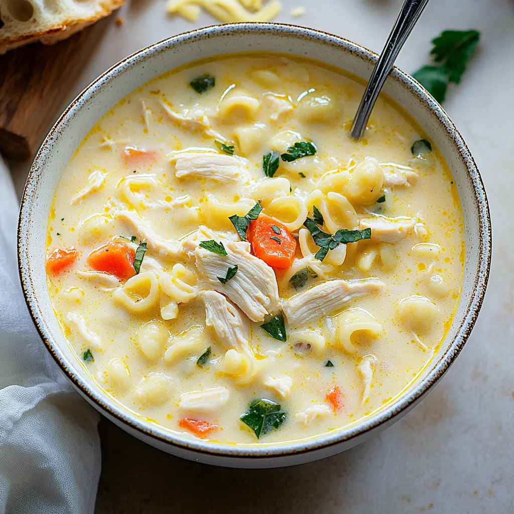 A bowl of soup with chicken and noodles.