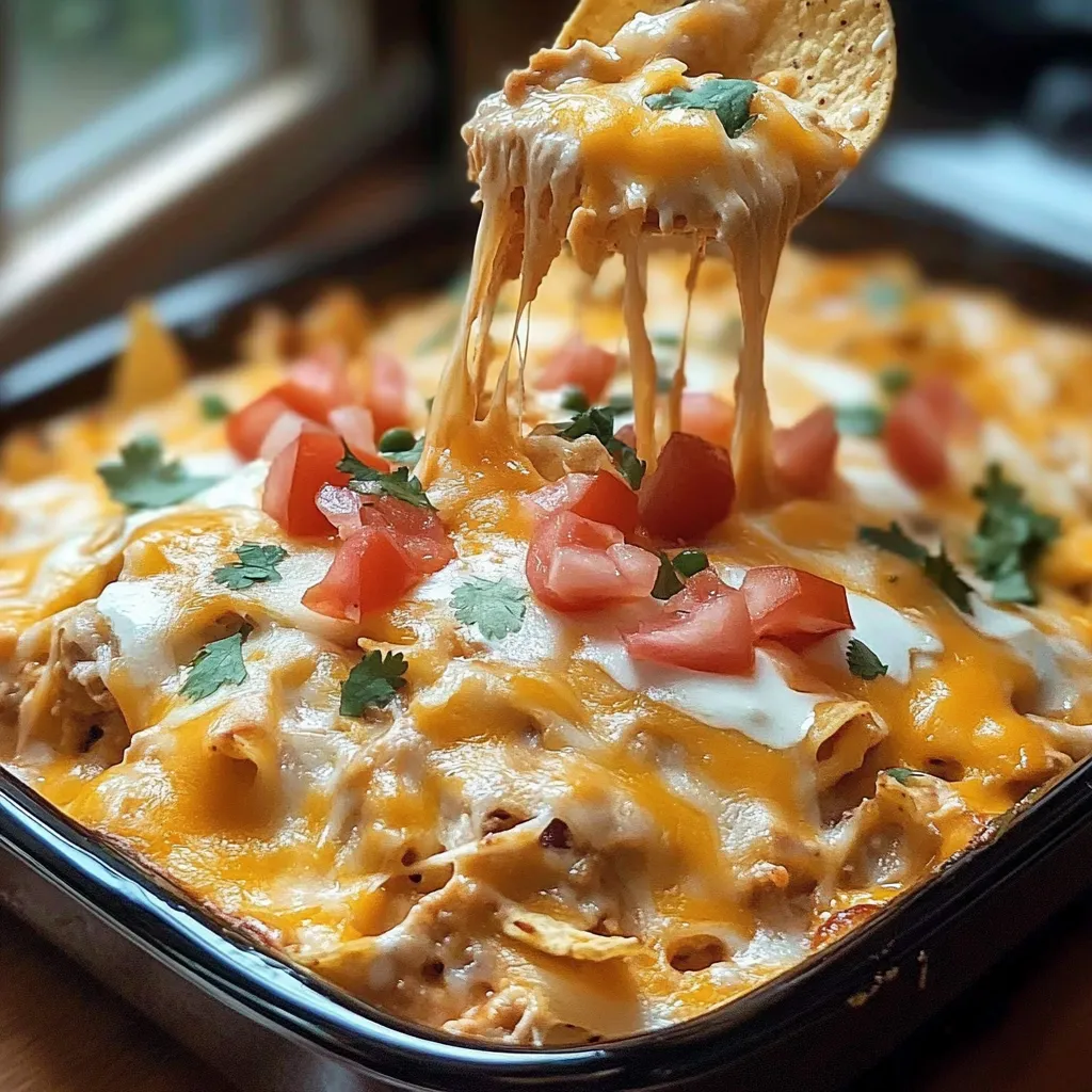 A plate of nachos with a spoon in it.