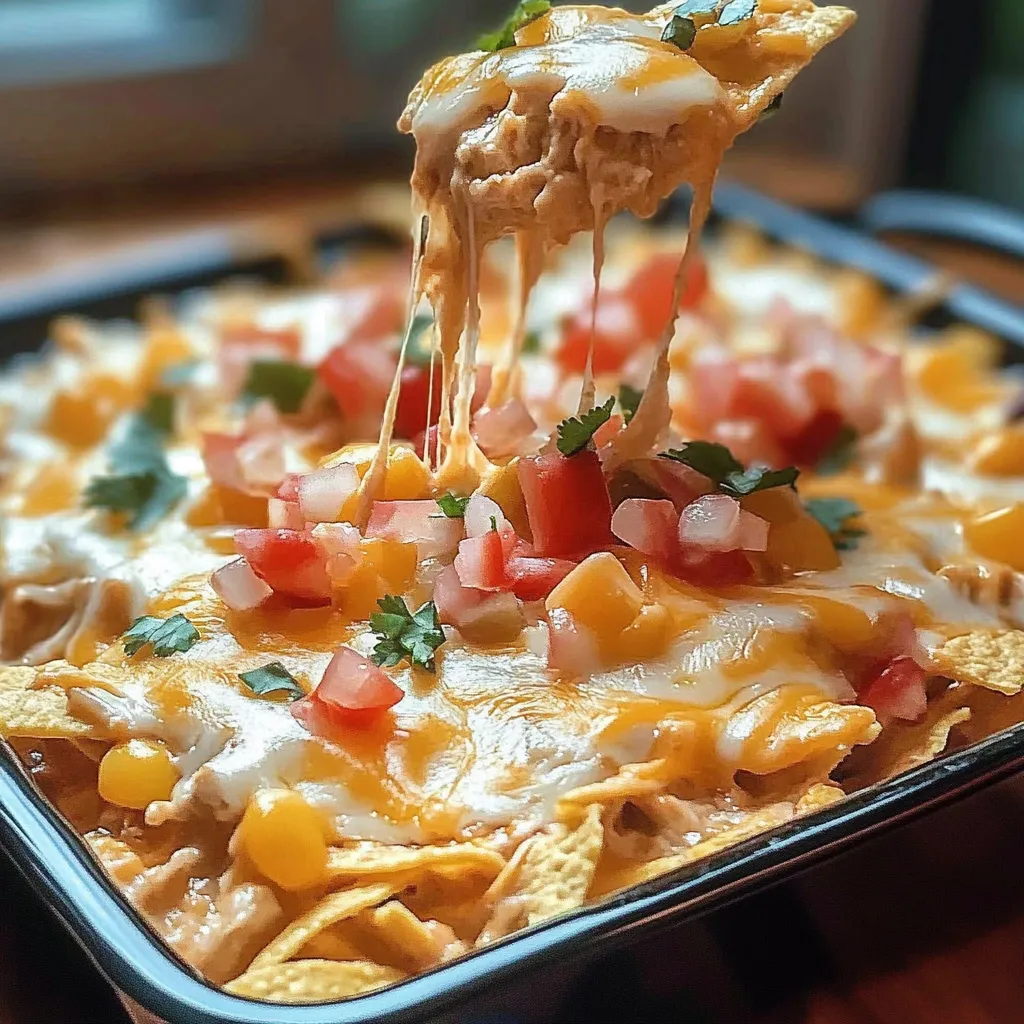 A plate of nachos with cheese dripping off.
