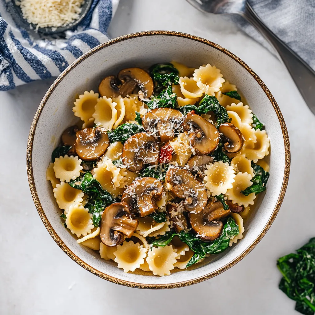 A bowl of pasta with mushrooms and spinach.