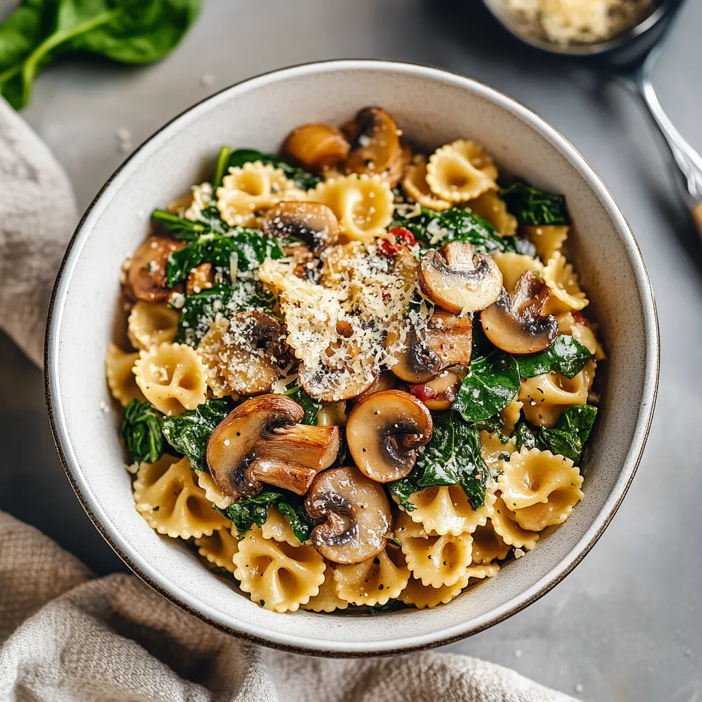 A bowl of pasta with mushrooms and spinach.