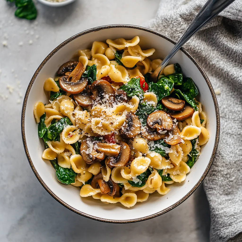 A bowl of pasta with mushrooms and spinach.