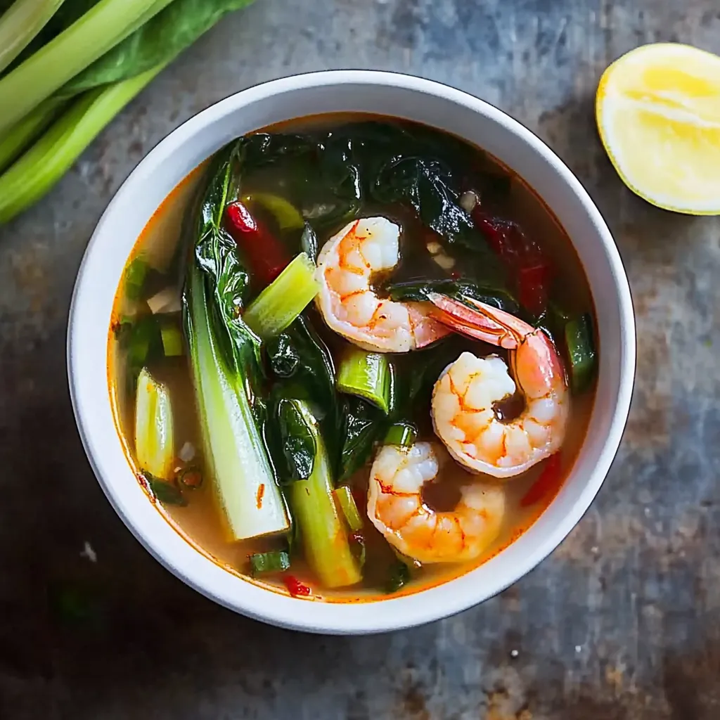 A bowl of soup with shrimp and vegetables.