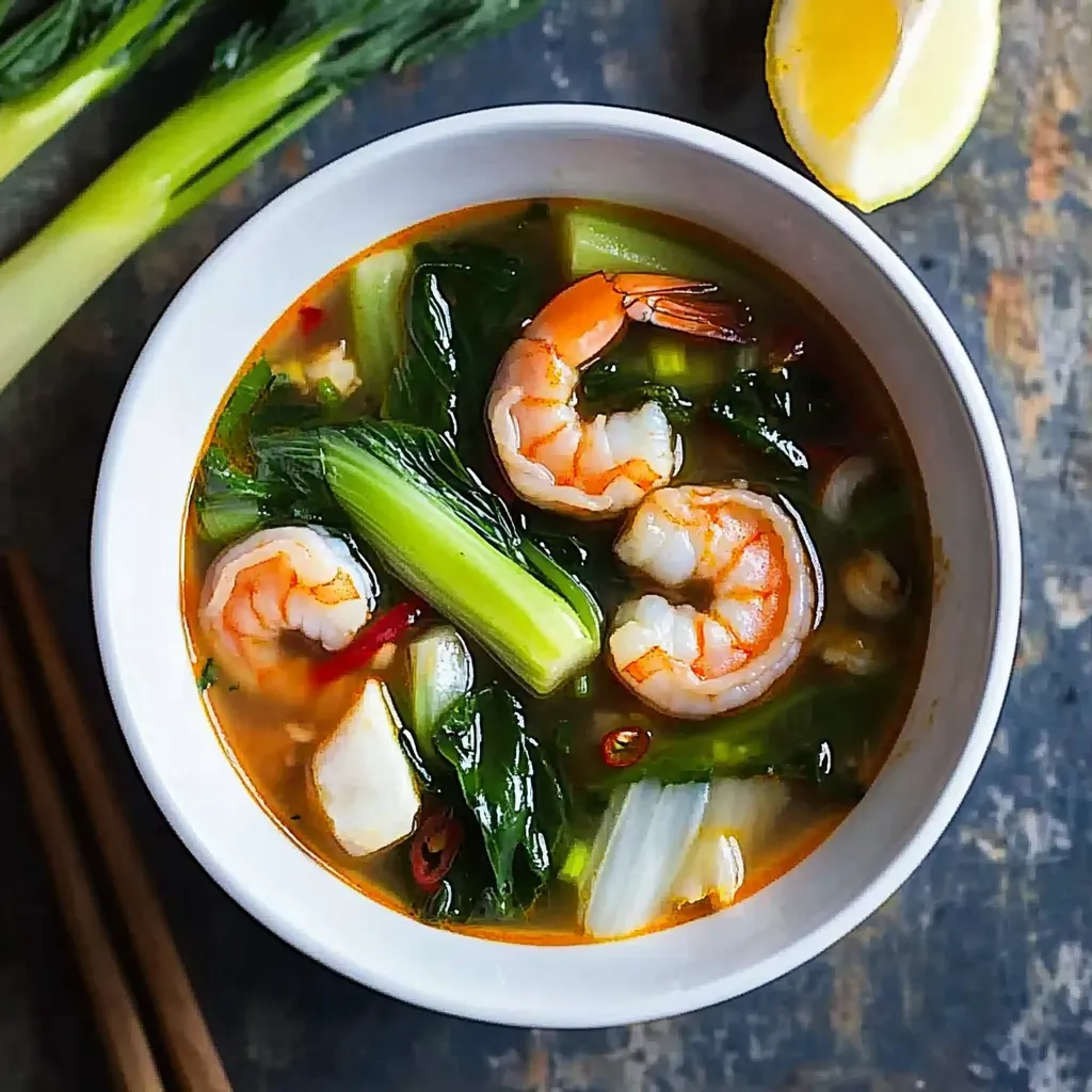 A bowl of soup with shrimp and vegetables.