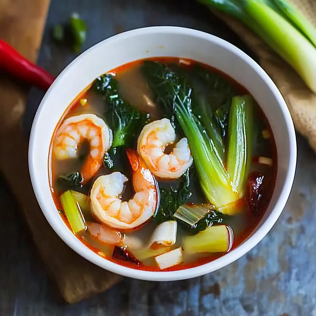 A bowl of soup with shrimp and vegetables.