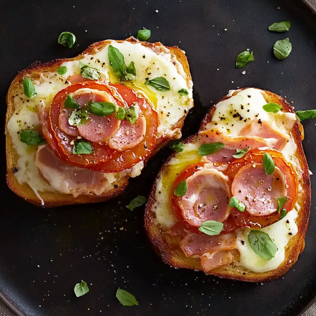 Two slices of bread with tomatoes and cheese.