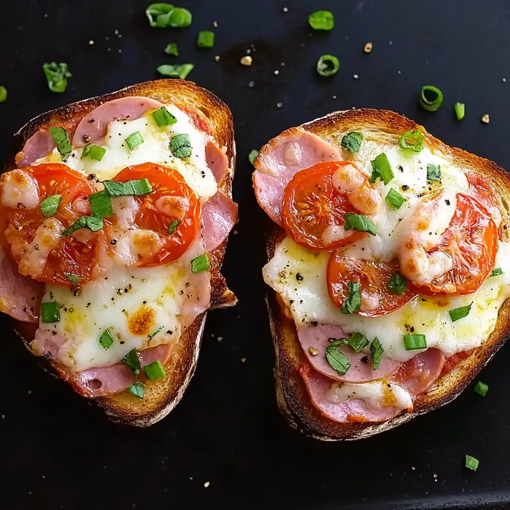 Two slices of bread with tomatoes and ham on top.
