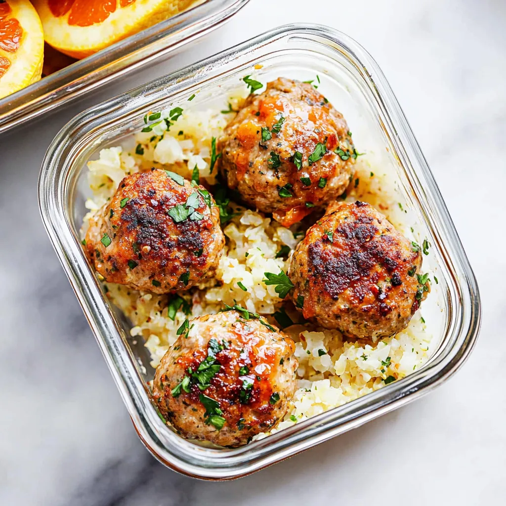 A glass container filled with rice and meatballs.