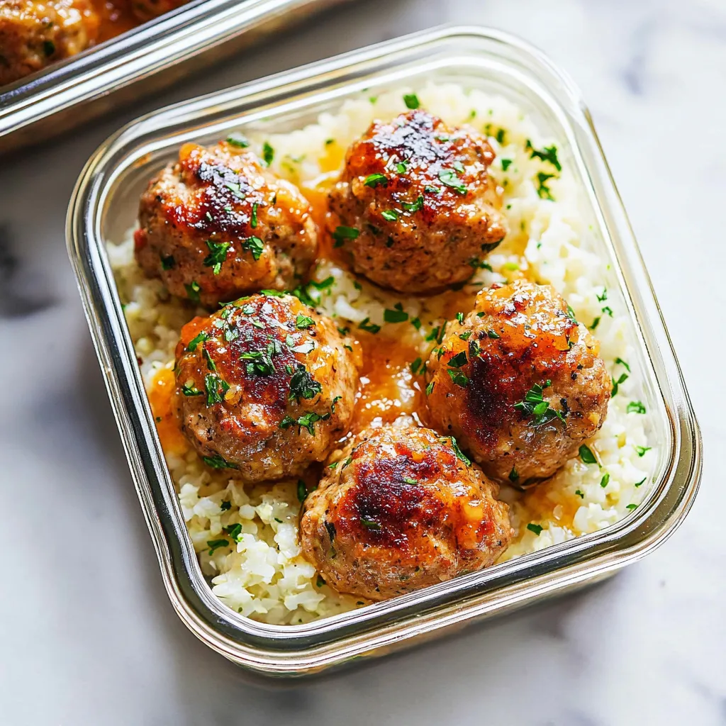 A container of meatballs with rice.