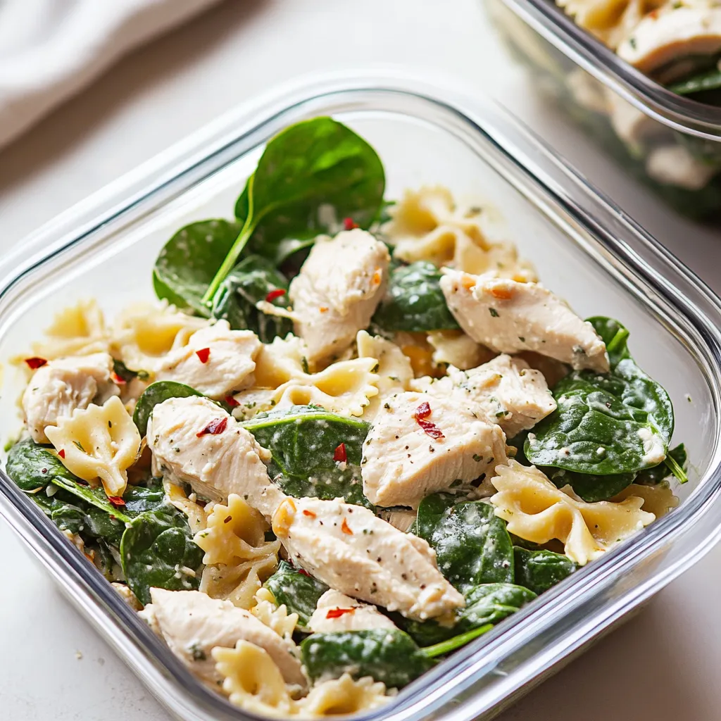 A glass container filled with pasta and chicken.
