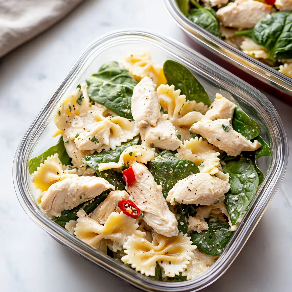 A container of pasta salad with chicken and spinach.