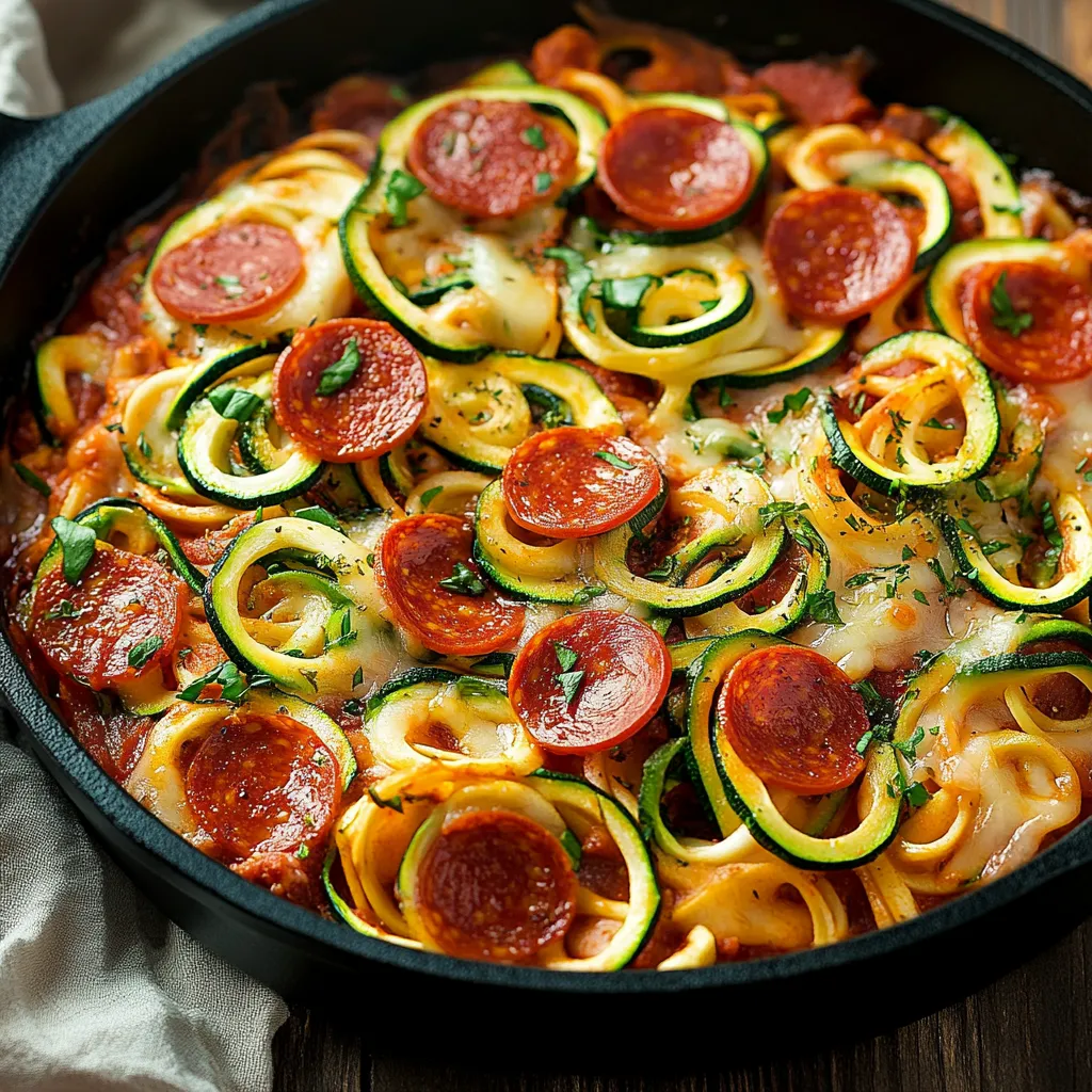 A pan of food with pepperoni, zucchini, and cheese.