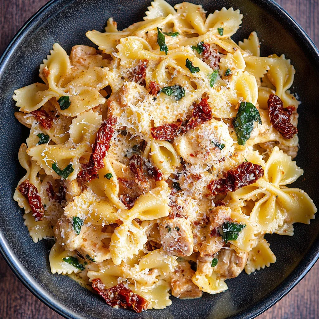 A bowl of pasta with chicken and cheese.