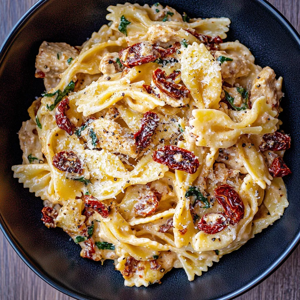 A bowl of pasta with red peppers and cheese.