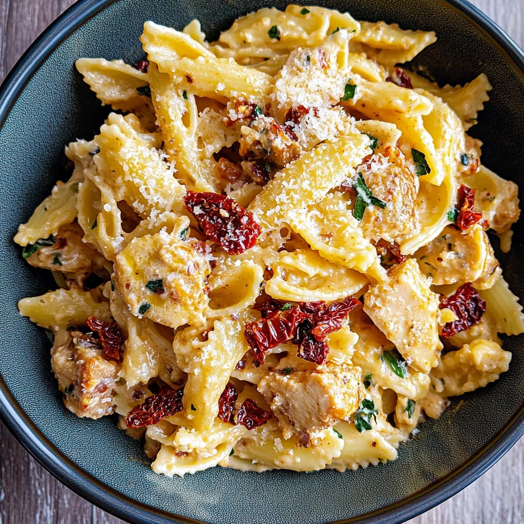A bowl of pasta with chicken and tomatoes.