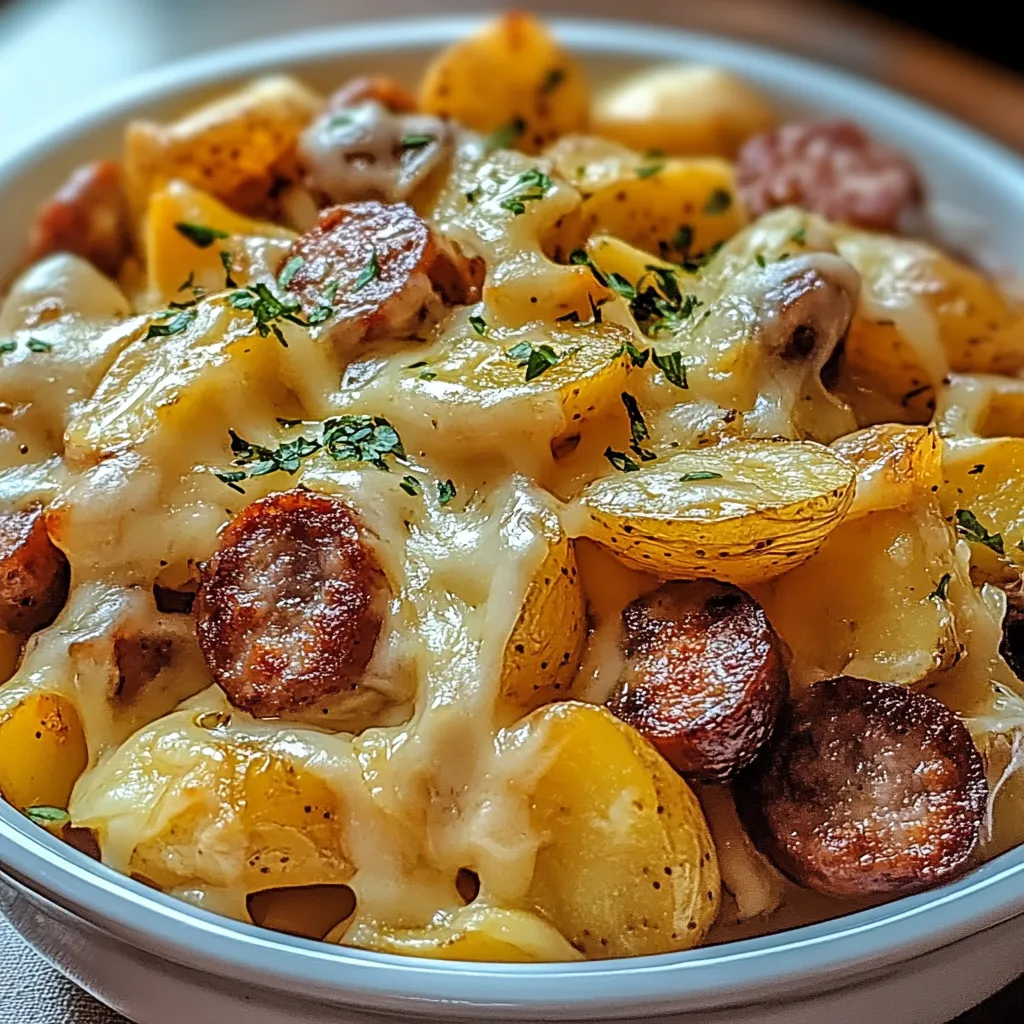 A bowl of food with sausage and potatoes.