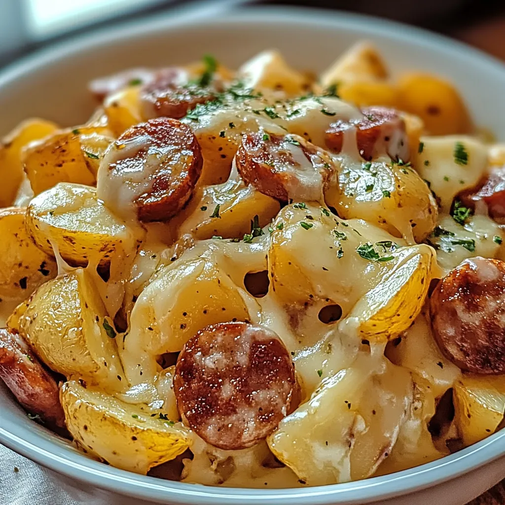 A bowl of food with potatoes and sausage.