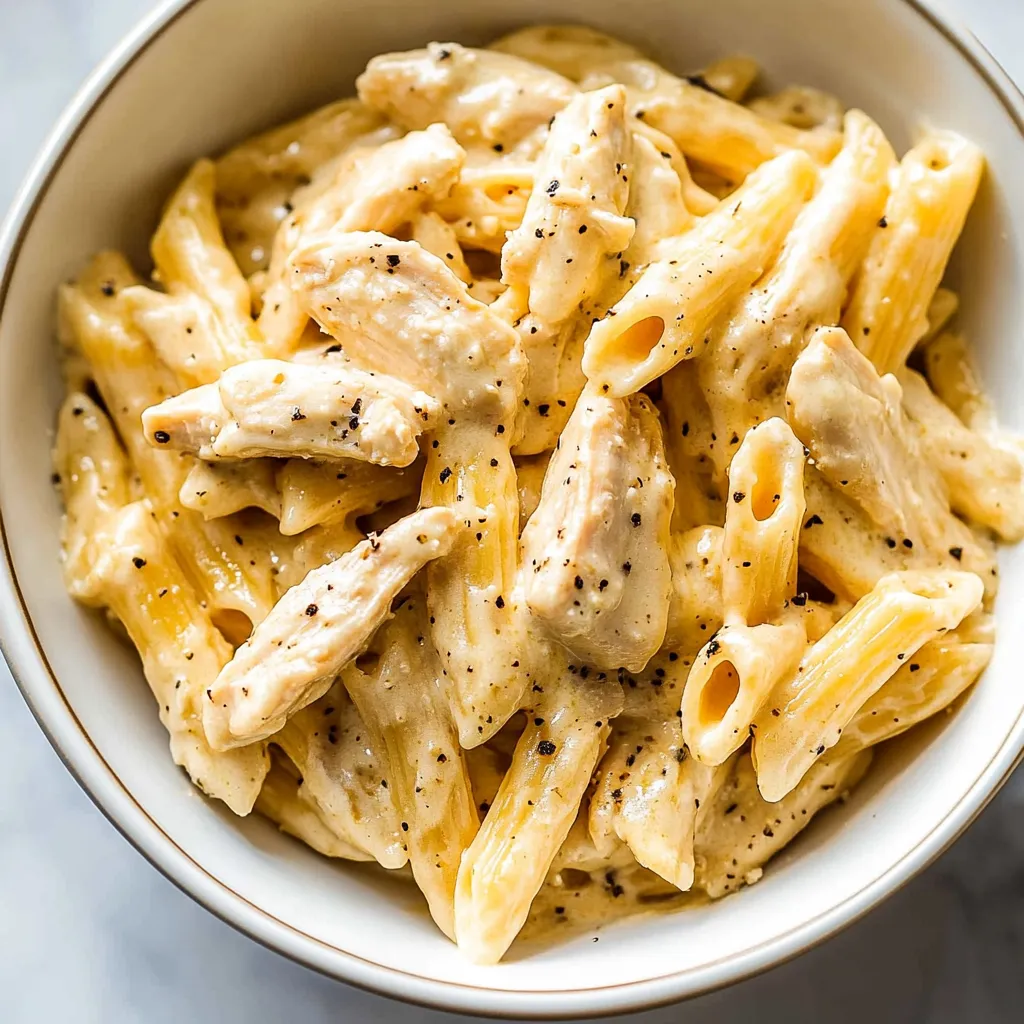 A bowl of pasta with chicken and pepper.